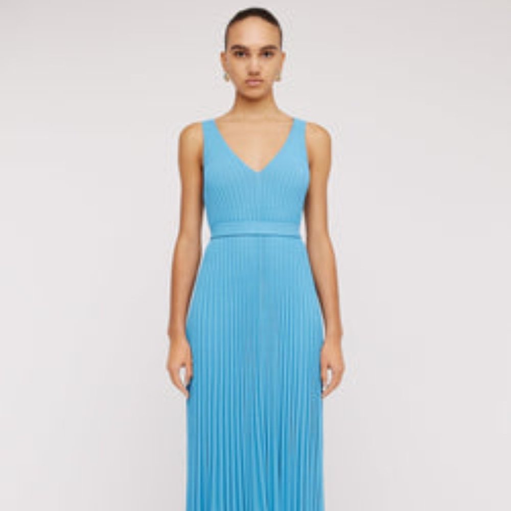 NWT Scanlan Theodore Pleated Rib knit V neck dress blue turquoise midi small